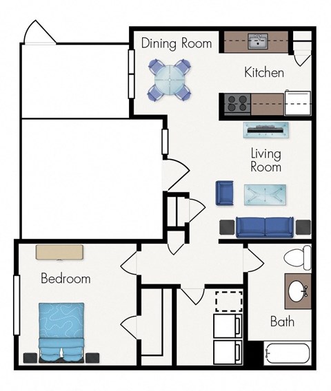 Floor plan for 1 bed, 1 bath, 974 sqft